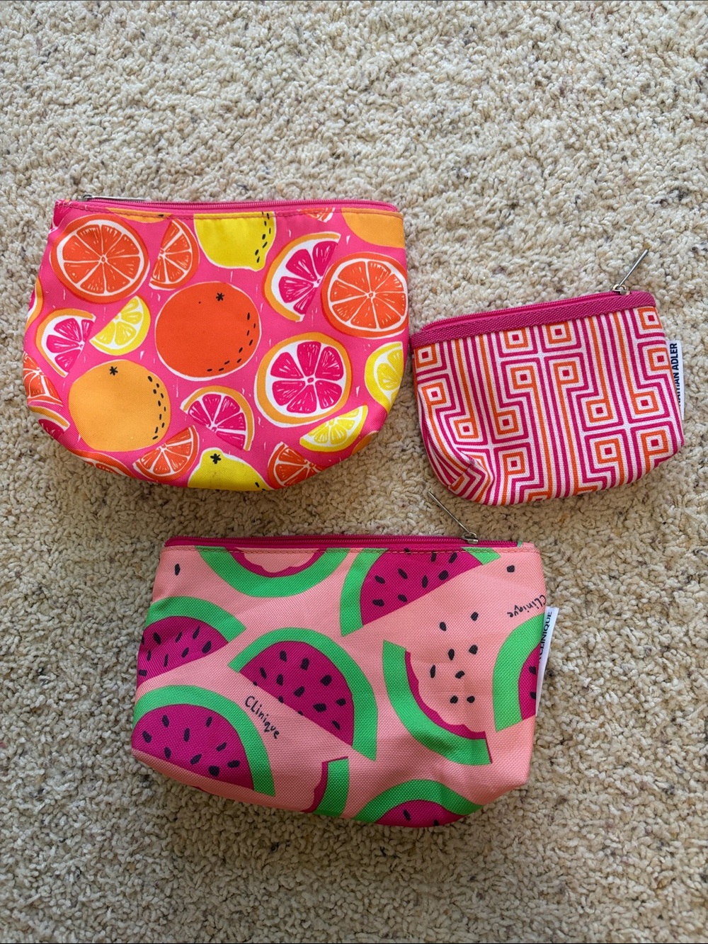 Clinique Bright Fruit-Print Trio Cosmetic Pouches in Pink, Orange & Green